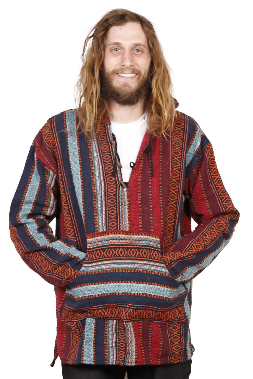 Woven Baja Style Hoodie Pullover Brick Stripe 