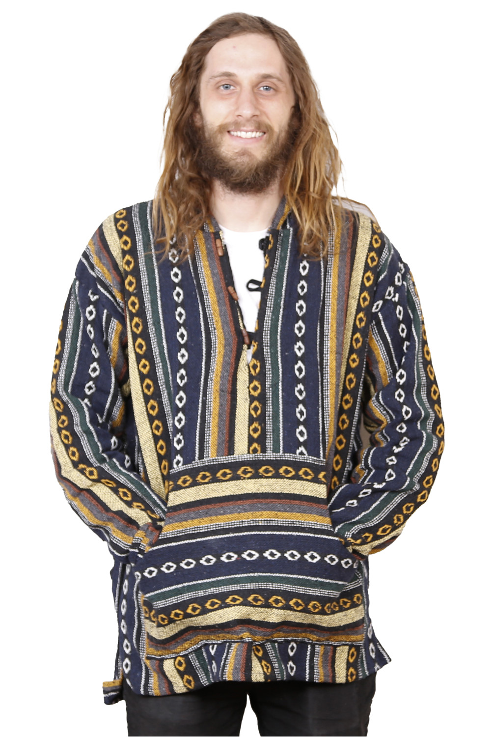 Woven Baja Style Hoodie Pullover Blue/Grey 