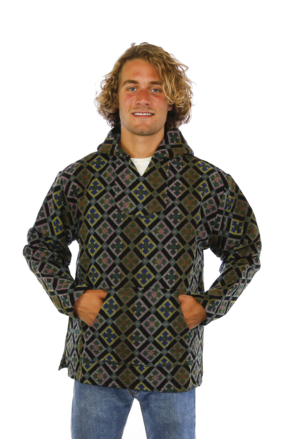High End Woven Jacquard Pull Over Baja Style Hoodie Green/Black